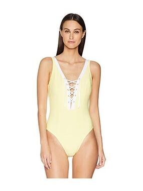 LETARTE Lace Up Textured One Piece Swimsuit Butter Yellow Medium M